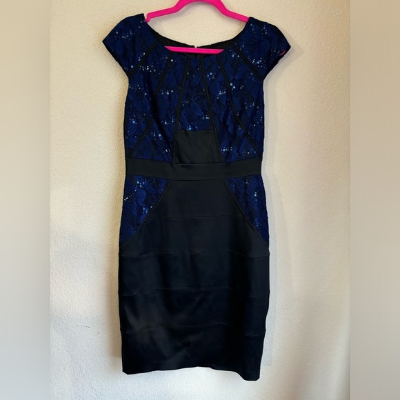 JAX Navy Black Sequin Lace Structured Cap Sleeve Knee Length Cocktail Dress 10 - Picture 2 of 12